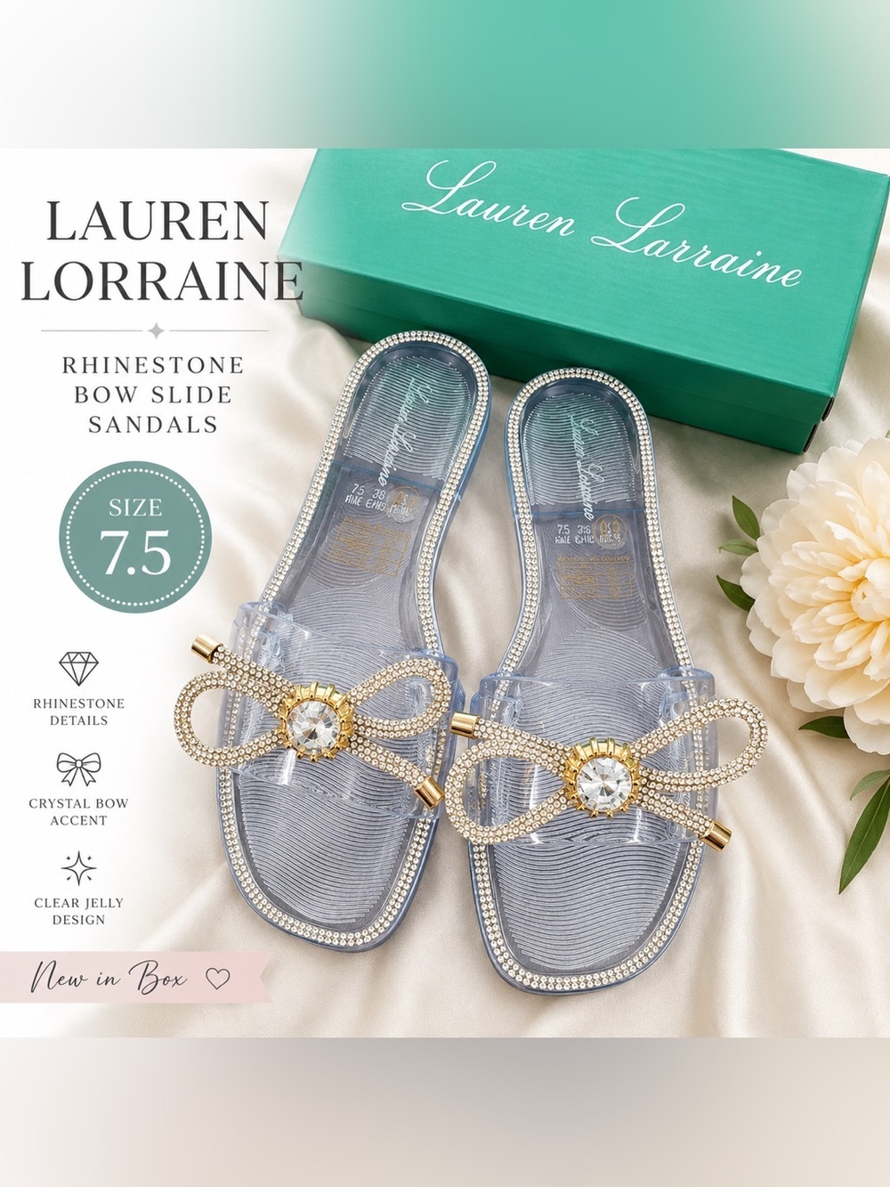 Lauren Lorraine Clear Rhinestone Jelly Slide Sandals Bow Crystal Size 7.5 NIB